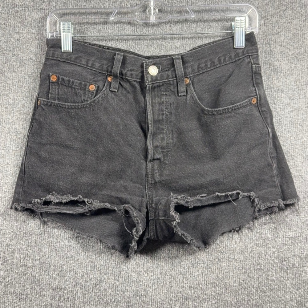 Levis 501 Premium Denim Shorts Womens‎ 26 Black Raw Hem Distressed Cut Off Big E
